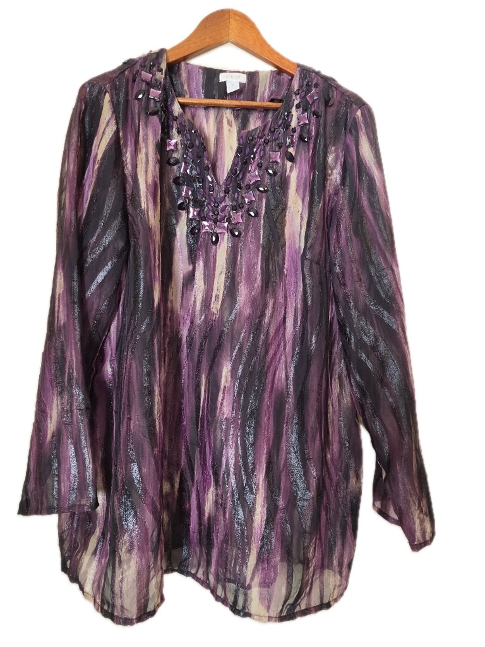Chico's Blouse Womens 2 Purple Tunic V-Neck Striped Chiffon Beaded Rhinestone